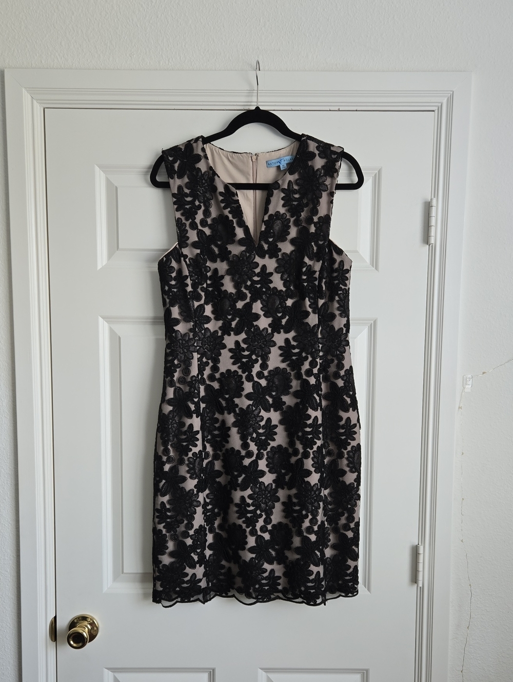 Black Floral Lace Sheath Dress with Nude Lining